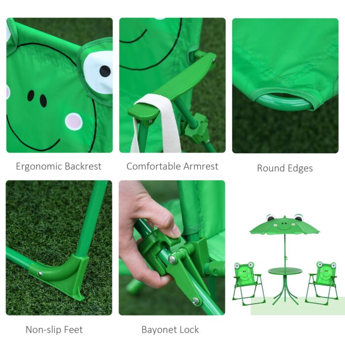 Outsunny Kids Folding Picnic Table And Chair Set Frog Pattern With Removable & Height Adjustable Sun Umbrella, Green