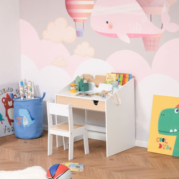 Homcom Kids Desk And Chair Set 2 Pieces Children Study Table With Storage Pull-out Drawer Bookshelf For 3-6 Years Writing, Reading, Drawing