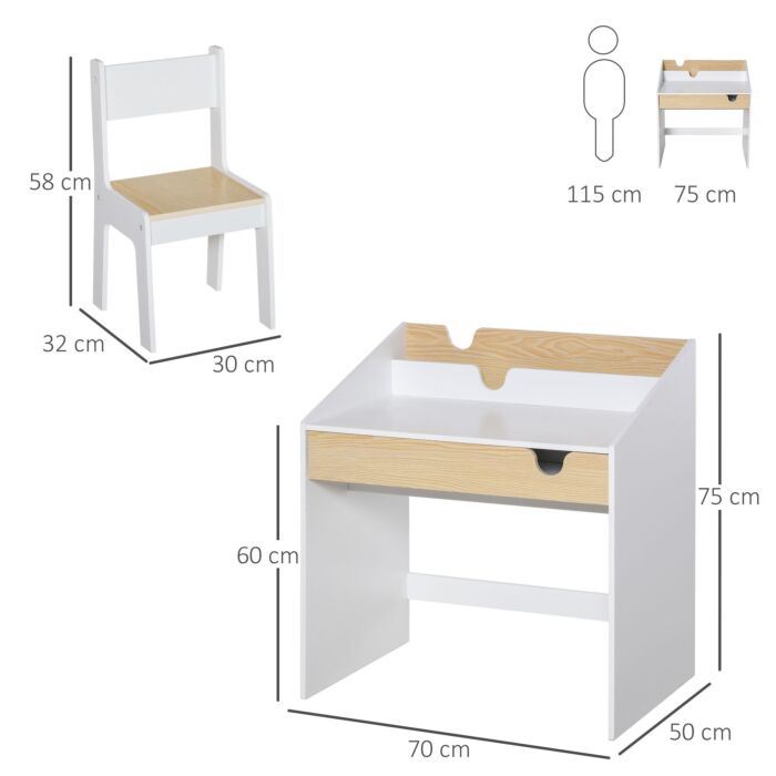 Homcom Kids Desk And Chair Set 2 Pieces Children Study Table With Storage Pull-out Drawer Bookshelf For 3-6 Years Writing, Reading, Drawing