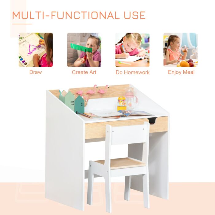 Homcom Kids Desk And Chair Set 2 Pieces Children Study Table With Storage Pull-out Drawer Bookshelf For 3-6 Years Writing, Reading, Drawing