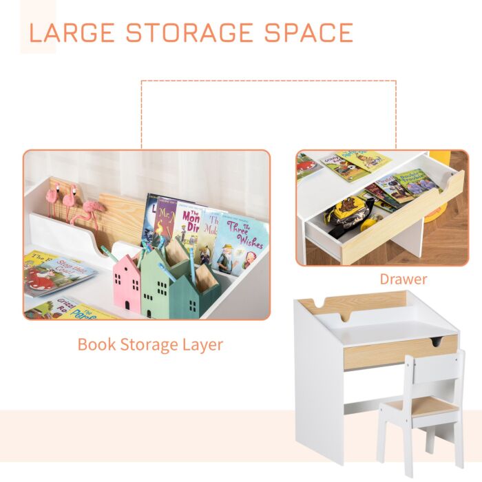 Homcom Kids Desk And Chair Set 2 Pieces Children Study Table With Storage Pull-out Drawer Bookshelf For 3-6 Years Writing, Reading, Drawing