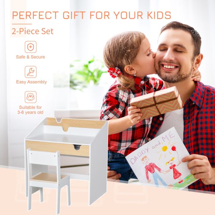 Homcom Kids Desk And Chair Set 2 Pieces Children Study Table With Storage Pull-out Drawer Bookshelf For 3-6 Years Writing, Reading, Drawing