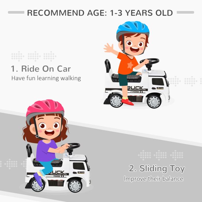 Homcom 3-in-1 Ride On Car Foot To Floor Slider Toddler W/ Horn Steering Wheel No Power Manual Under Seat Storage Safe Design White
