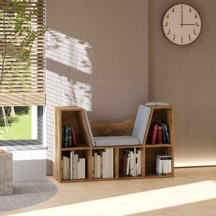 Homcom Bookcase Shelf Storage Seat With Cushion Sideboard Kids Children Reading Organizer Rustic Brown