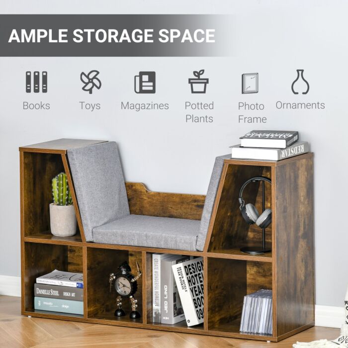 Homcom Bookcase Shelf Storage Seat With Cushion Sideboard Kids Children Reading Organizer Rustic Brown
