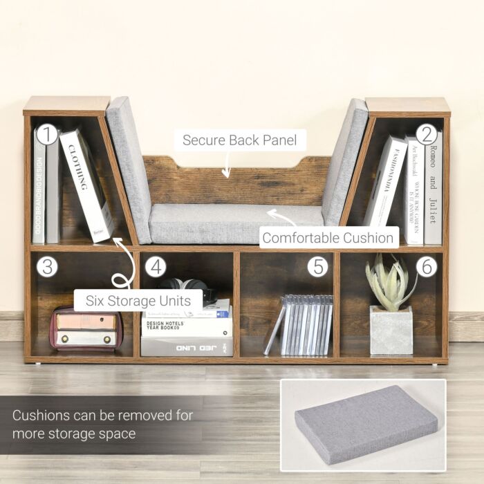 Homcom Bookcase Shelf Storage Seat With Cushion Sideboard Kids Children Reading Organizer Rustic Brown