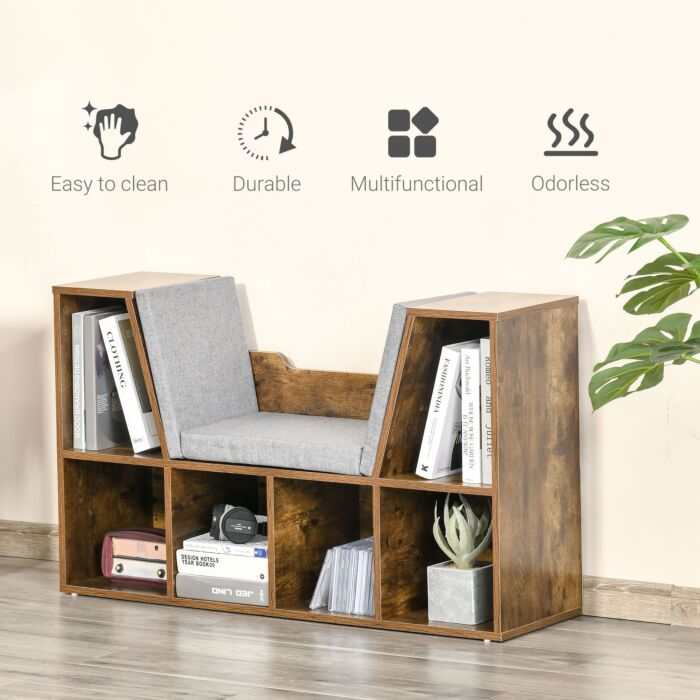 Homcom Bookcase Shelf Storage Seat With Cushion Sideboard Kids Children Reading Organizer Rustic Brown