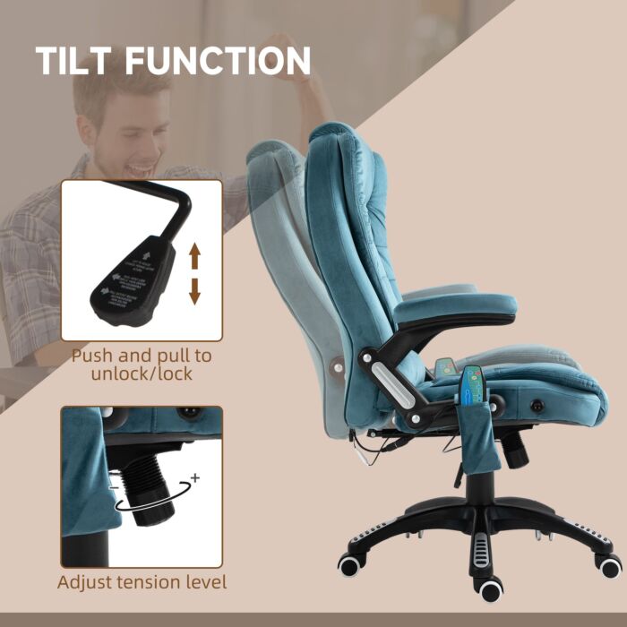 Vinsetto Massage Recliner Chair Heated Office Chair With Six Massage Points Velvet-feel Fabric 360° Swivel Wheels Blue