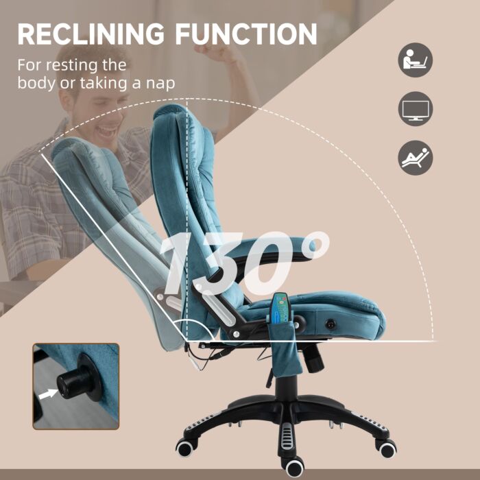 Vinsetto Massage Recliner Chair Heated Office Chair With Six Massage Points Velvet-feel Fabric 360° Swivel Wheels Blue