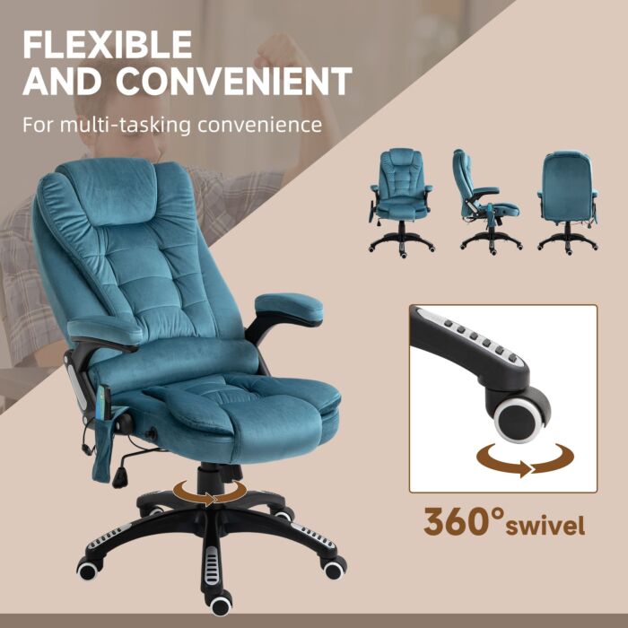 Vinsetto Massage Recliner Chair Heated Office Chair With Six Massage Points Velvet-feel Fabric 360° Swivel Wheels Blue