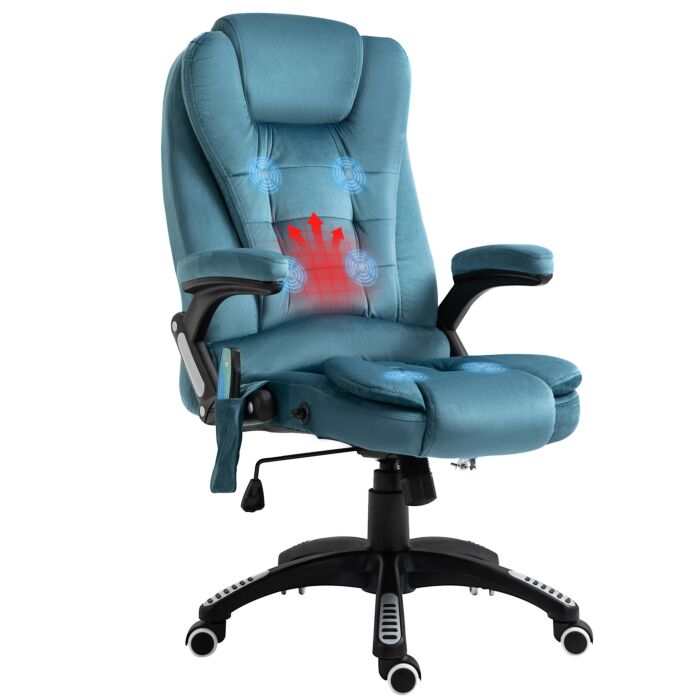 Vinsetto Massage Recliner Chair Heated Office Chair With Six Massage Points Velvet-feel Fabric 360° Swivel Wheels Blue