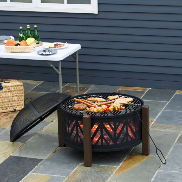 Outsunny 2-in-1 Outdoor Fire Pit Bowl With Bbq Grill Grate 30" Steel Heater With Spark Screen Cover, Fire Poker For Backyard Bonfire Outdoor Cooking