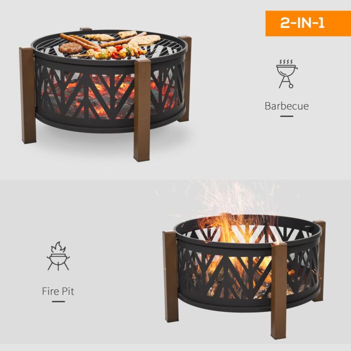 Outsunny 2-in-1 Outdoor Fire Pit Bowl With Bbq Grill Grate 30" Steel Heater With Spark Screen Cover, Fire Poker For Backyard Bonfire Outdoor Cooking