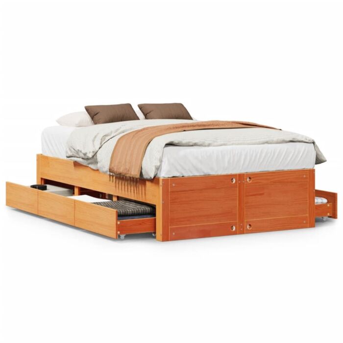Vidaxl Bed Frame Without Mattress With Drawers Wax Brown 120x190 Cm Small Double Solid Wood Pine