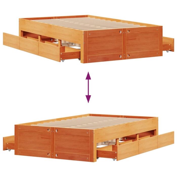 Vidaxl Bed Frame Without Mattress With Drawers Wax Brown 120x190 Cm Small Double Solid Wood Pine