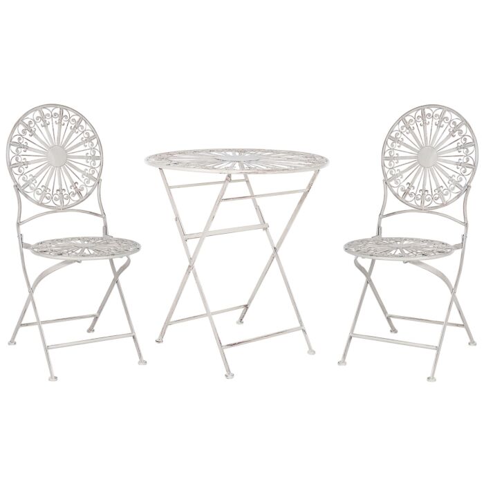Garden Bistro Set White Iron Foldable 2 Chairs Table Outdoor Distressed