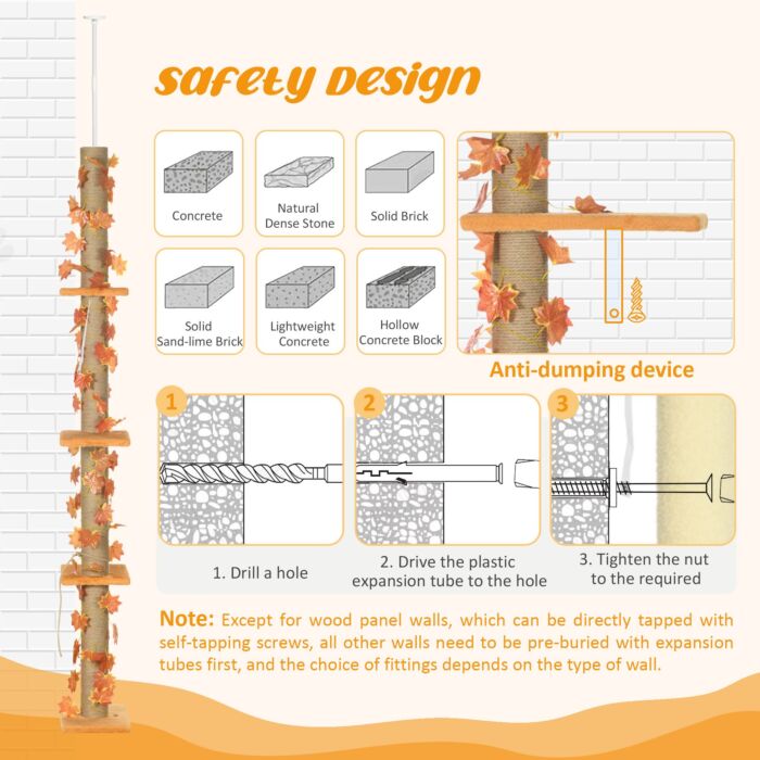 Pawhut 202-242cm Height Adjustable Floor To Ceiling Cat Tree For Cats With Sisal Scratching Post, 3- Tier Cat Tower