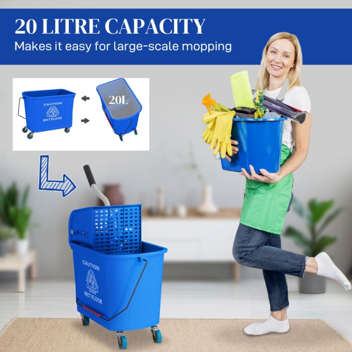 Homcom 20l Mop Bucket With Wringer And Handle, Mop Bucket On Wheels For Floor Cleaning, Separate Dirty And Clean Water, Blue