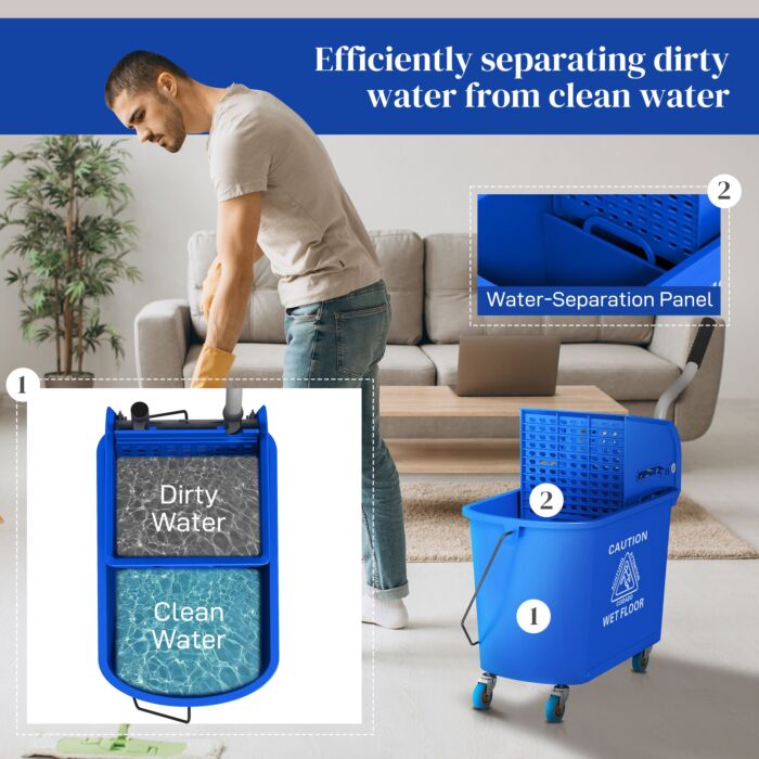 Homcom 20l Mop Bucket With Wringer And Handle, Mop Bucket On Wheels For Floor Cleaning, Separate Dirty And Clean Water, Blue