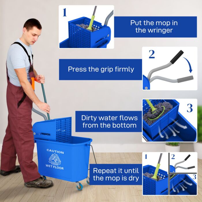 Homcom 20l Mop Bucket With Wringer And Handle, Mop Bucket On Wheels For Floor Cleaning, Separate Dirty And Clean Water, Blue