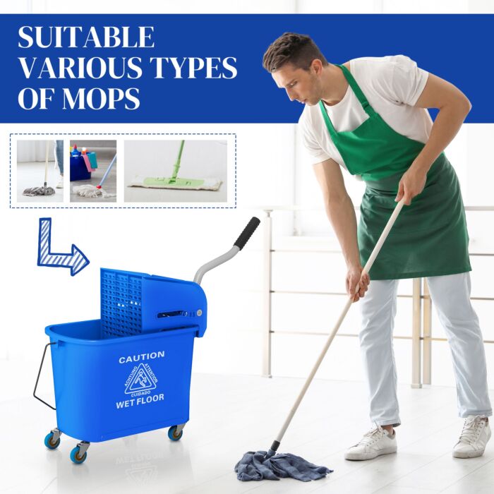 Homcom 20l Mop Bucket With Wringer And Handle, Mop Bucket On Wheels For Floor Cleaning, Separate Dirty And Clean Water, Blue