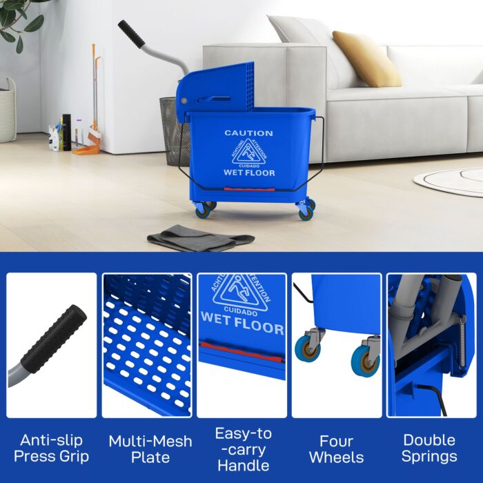 Homcom 20l Mop Bucket With Wringer And Handle, Mop Bucket On Wheels For Floor Cleaning, Separate Dirty And Clean Water, Blue
