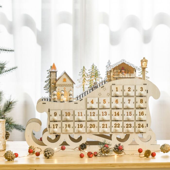 Homcom Christmas Advent Calendar, Light Up Table Xmas Wooden Sled Holiday Decoration With Countdown Drawer, Village, Natural Wood Color