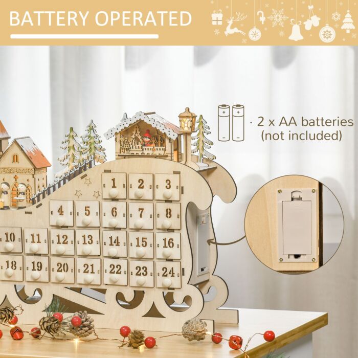 Homcom Christmas Advent Calendar, Light Up Table Xmas Wooden Sled Holiday Decoration With Countdown Drawer, Village, Natural Wood Color