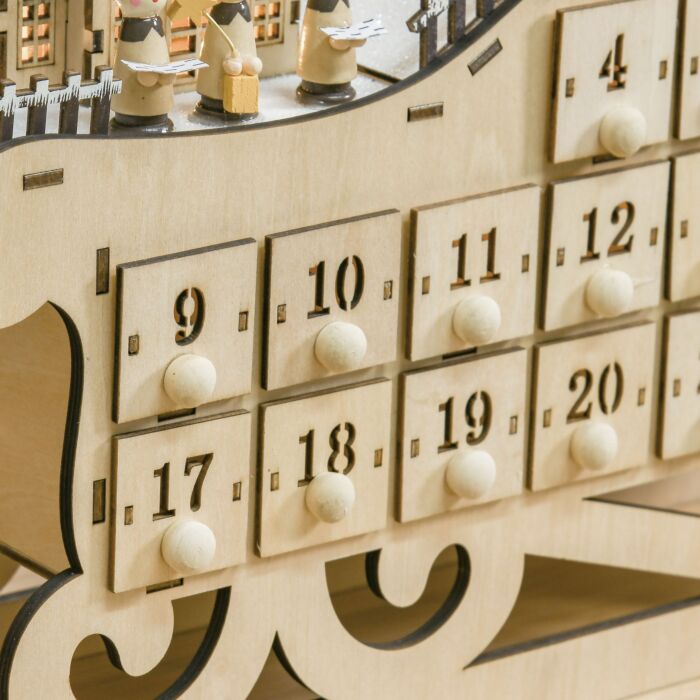 Homcom Christmas Advent Calendar, Light Up Table Xmas Wooden Sled Holiday Decoration With Countdown Drawer, Village, Natural Wood Color