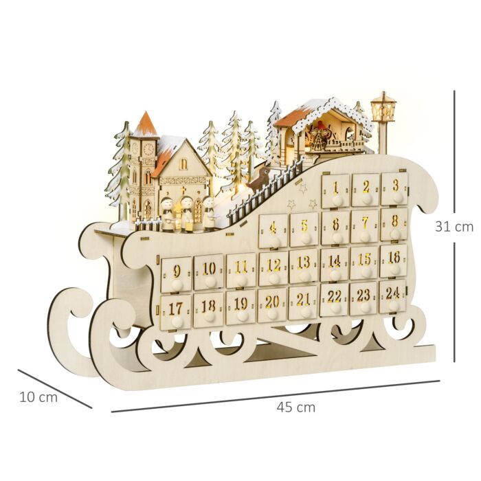 Homcom Christmas Advent Calendar, Light Up Table Xmas Wooden Sled Holiday Decoration With Countdown Drawer, Village, Natural Wood Color