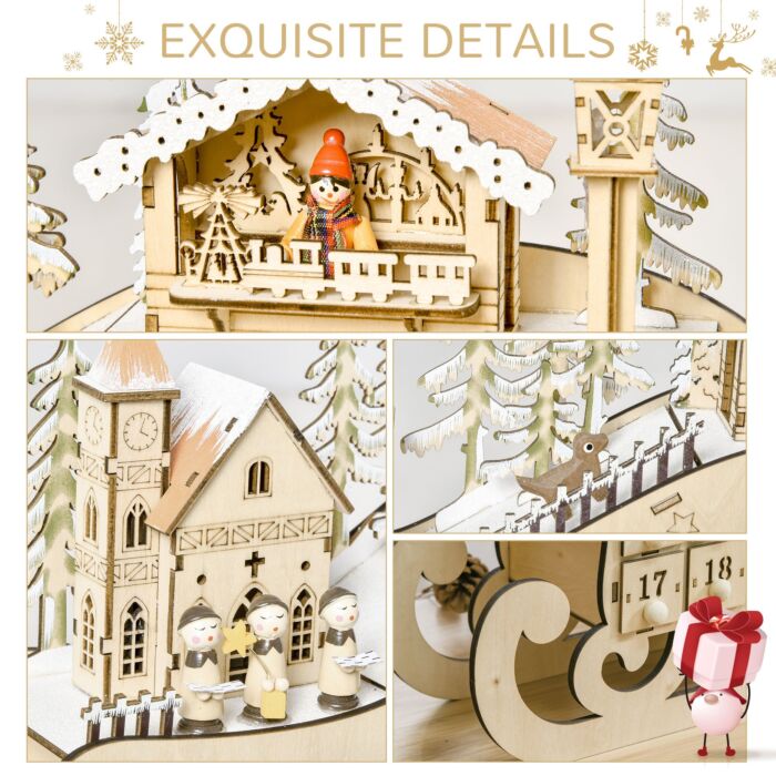 Homcom Christmas Advent Calendar, Light Up Table Xmas Wooden Sled Holiday Decoration With Countdown Drawer, Village, Natural Wood Color