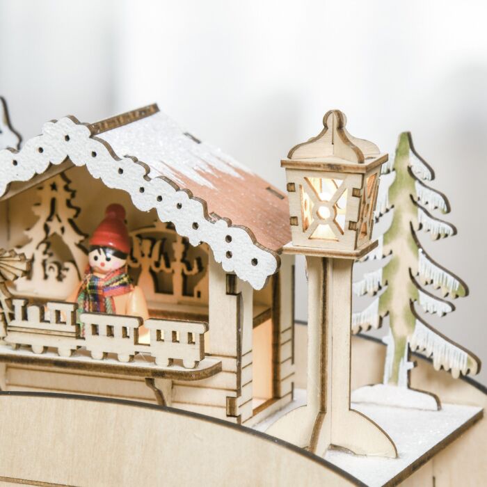 Homcom Christmas Advent Calendar, Light Up Table Xmas Wooden Sled Holiday Decoration With Countdown Drawer, Village, Natural Wood Color