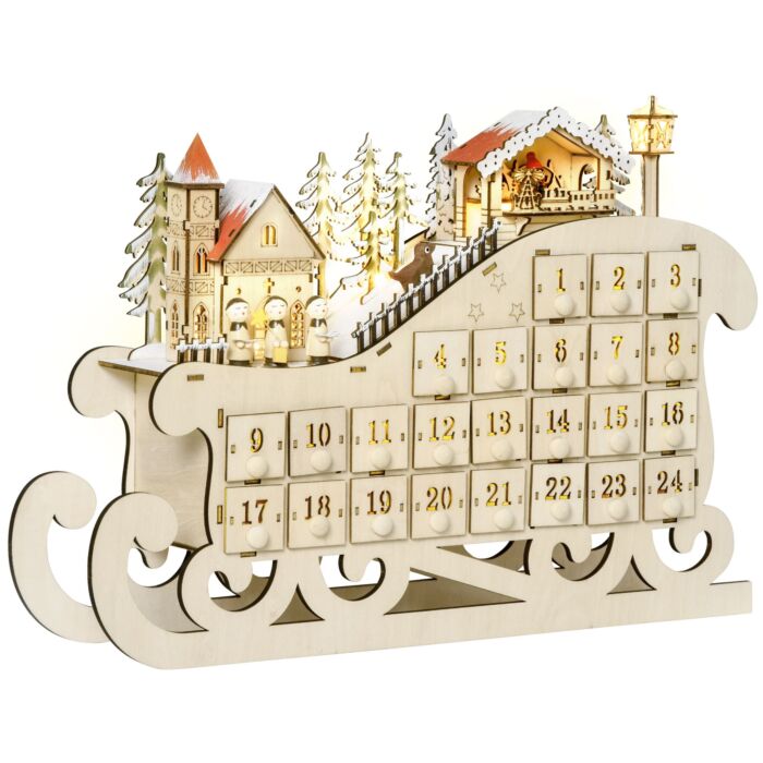 Homcom Christmas Advent Calendar, Light Up Table Xmas Wooden Sled Holiday Decoration With Countdown Drawer, Village, Natural Wood Color