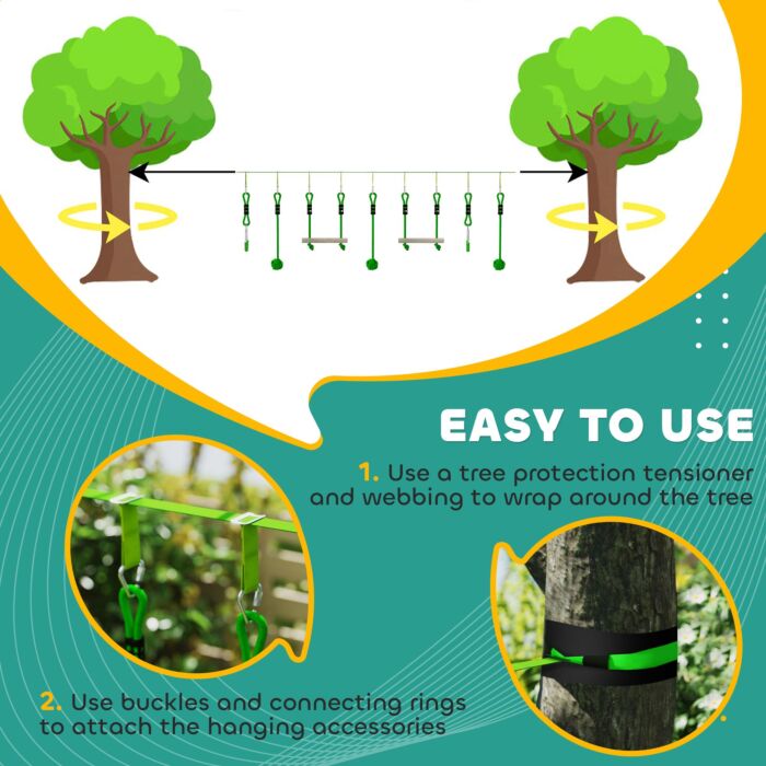 Aiyaplay 3 Piece Kids Zip Line Kit For Garden, 10m Kids Slackline Kit With Wooden Monkey Bars, Metal Rings, Gripping Balls, Green