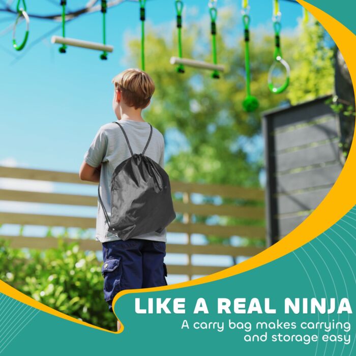 Aiyaplay 3 Piece Kids Zip Line Kit For Garden, 10m Kids Slackline Kit With Wooden Monkey Bars, Metal Rings, Gripping Balls, Green