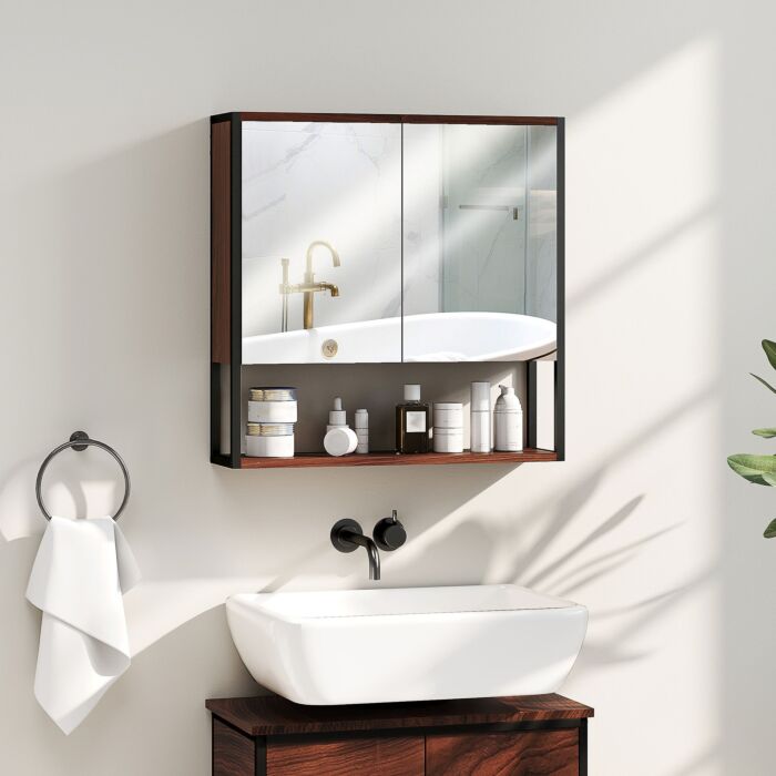 Homcom Bathroom Mirror Cabinet With Soft-close Doors And Adjustable Shelf - Natural Wood Finish