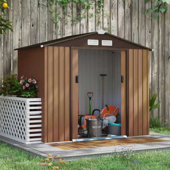 Outsunny 7 X 4 Ft Lockable Garden Shed Large Patio Roofed Tool Metal Storage Building Foundation Sheds Box Outdoor Furniture, Yellow