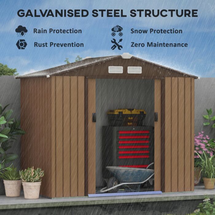 Outsunny 7 X 4 Ft Lockable Garden Shed Large Patio Roofed Tool Metal Storage Building Foundation Sheds Box Outdoor Furniture, Yellow