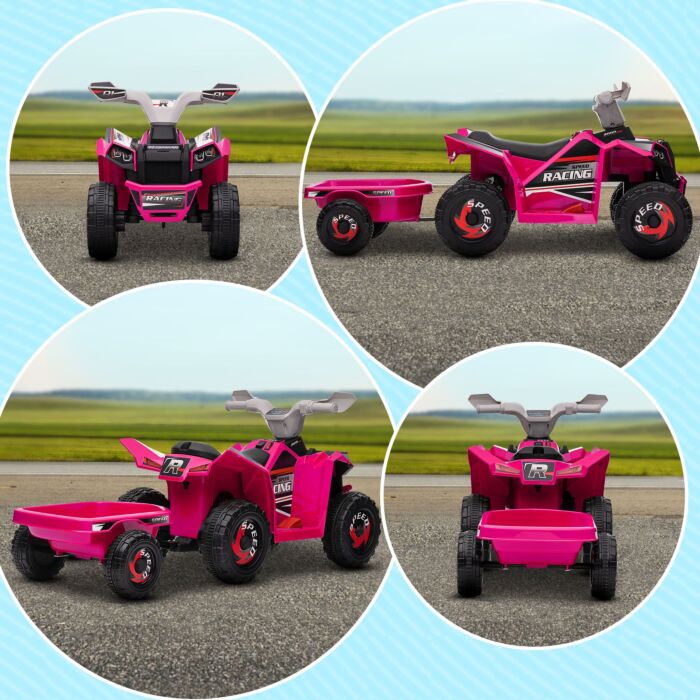 Homcom 6v Quad Bike With Back Trailer, Wear-resistant Wheels For Ages 18-36 Months, Pink