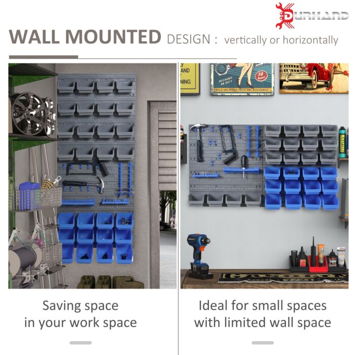 Durhand 44 Piece Wall Mounted Tool Rack Organiser Storage Bins And Panel Set With Shelf Hook Screws Accessories Blue