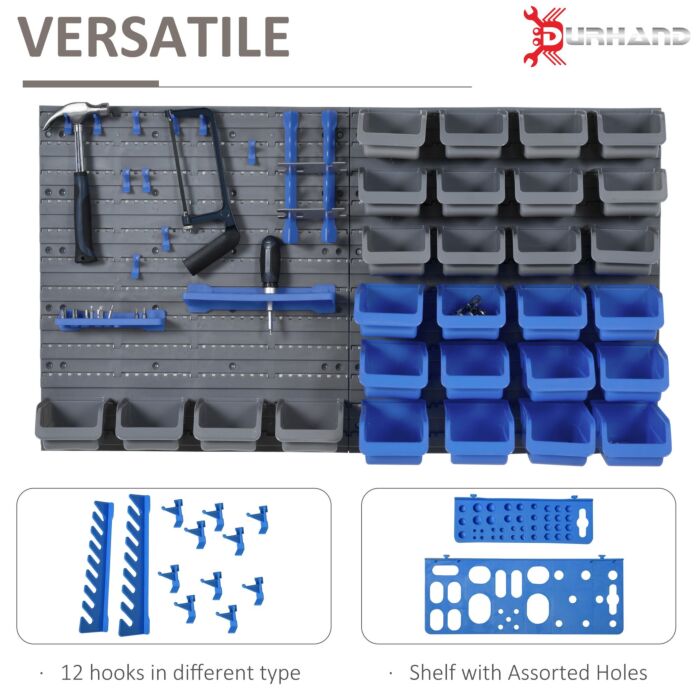 Durhand 44 Piece Wall Mounted Tool Rack Organiser Storage Bins And Panel Set With Shelf Hook Screws Accessories Blue