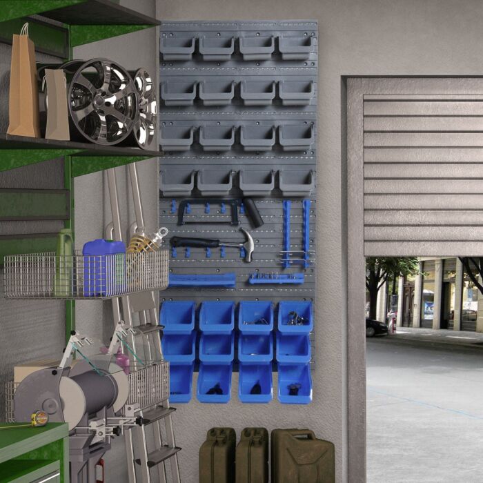 Durhand 44 Piece Wall Mounted Tool Rack Organiser Storage Bins And Panel Set With Shelf Hook Screws Accessories Blue