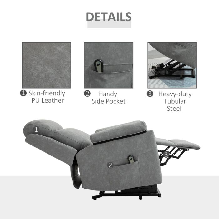 Homcom Power Lift Chair Electric Riser Recliner, Faux Leather Sofa Lounge Armchair With Remote Control And Side Pocket, Grey