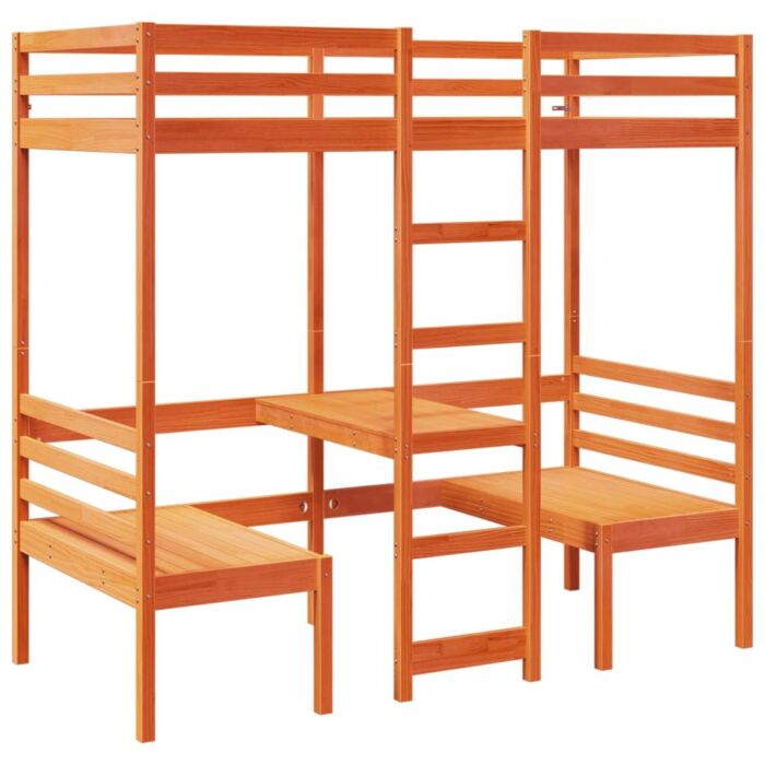 Vidaxl Loft Bed Frame With Desk And Chairs Wax Brown 80x200cm Solid Wood Pine