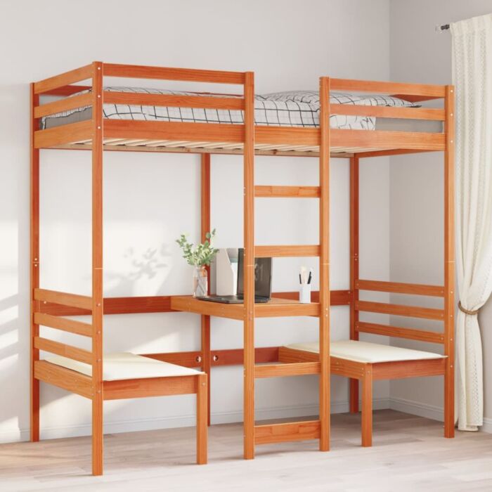 Vidaxl Loft Bed Frame With Desk And Chairs Wax Brown 80x200cm Solid Wood Pine