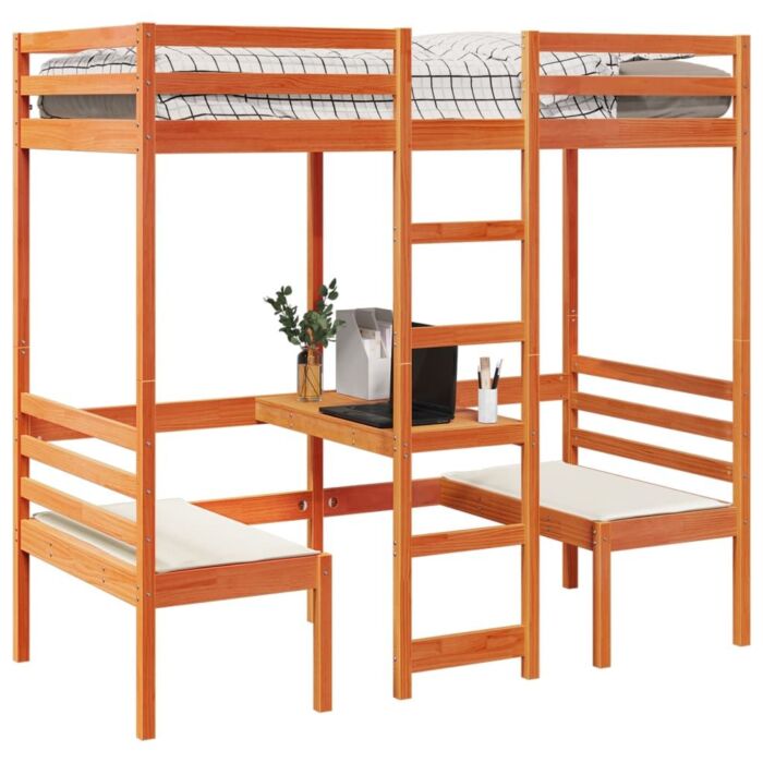 Vidaxl Loft Bed Frame With Desk And Chairs Wax Brown 80x200cm Solid Wood Pine