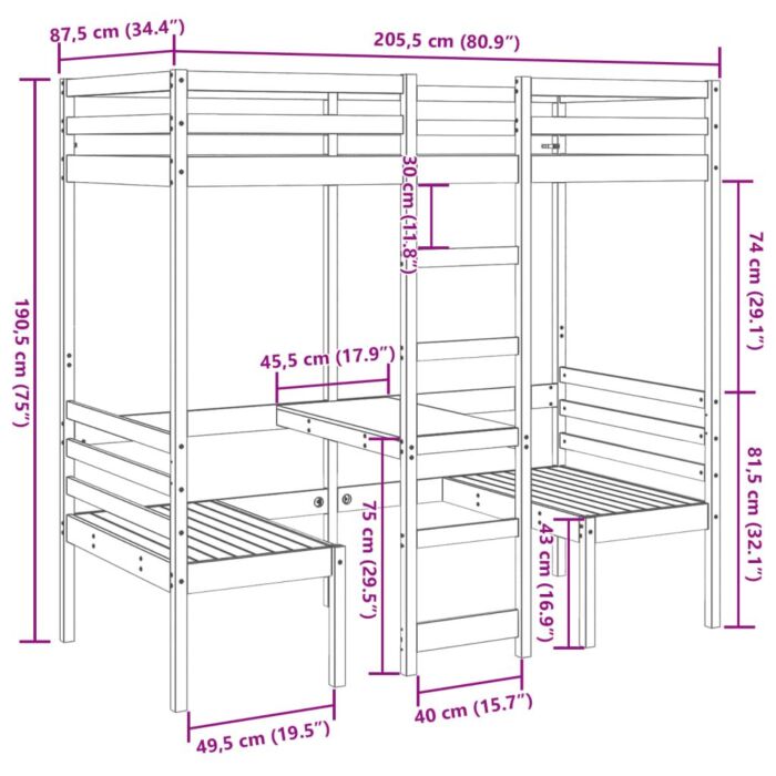 Vidaxl Loft Bed Frame With Desk And Chairs Wax Brown 80x200cm Solid Wood Pine