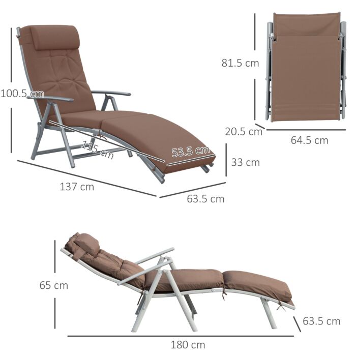 Outsunny Outdoor Patio Sun Lounger Garden Texteline Foldable Reclining Chair Pillow Adjustable Recliner With Cushion - Brown