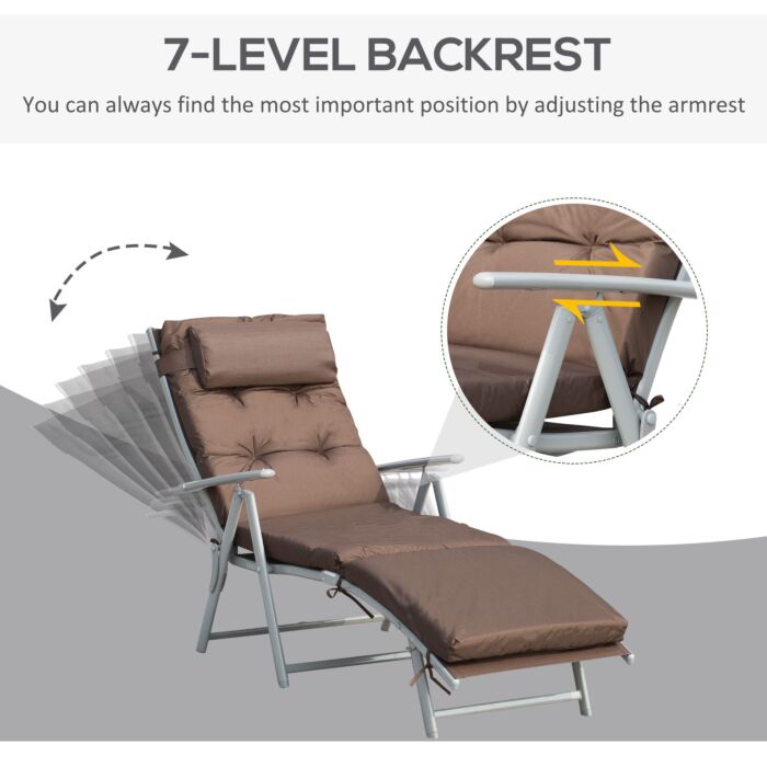 Outsunny Outdoor Patio Sun Lounger Garden Texteline Foldable Reclining Chair Pillow Adjustable Recliner With Cushion - Brown