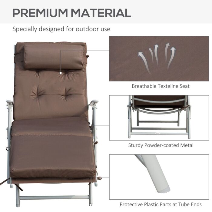 Outsunny Outdoor Patio Sun Lounger Garden Texteline Foldable Reclining Chair Pillow Adjustable Recliner With Cushion - Brown